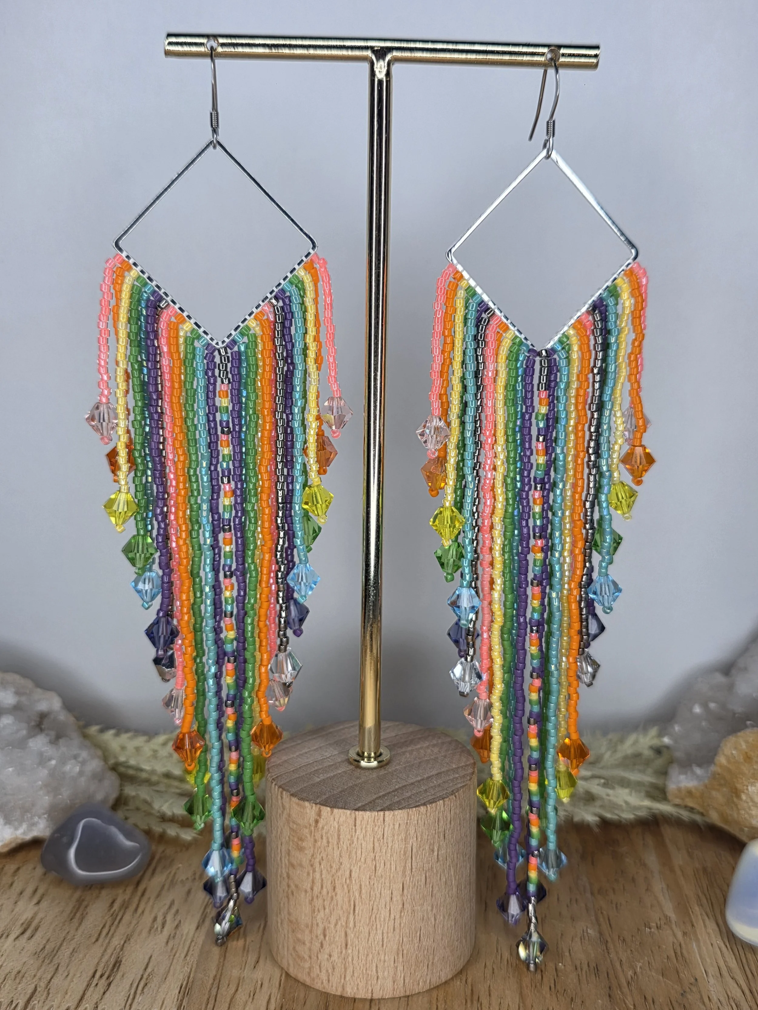 Long Beaded Rainbow Crystal Fringe Earrings