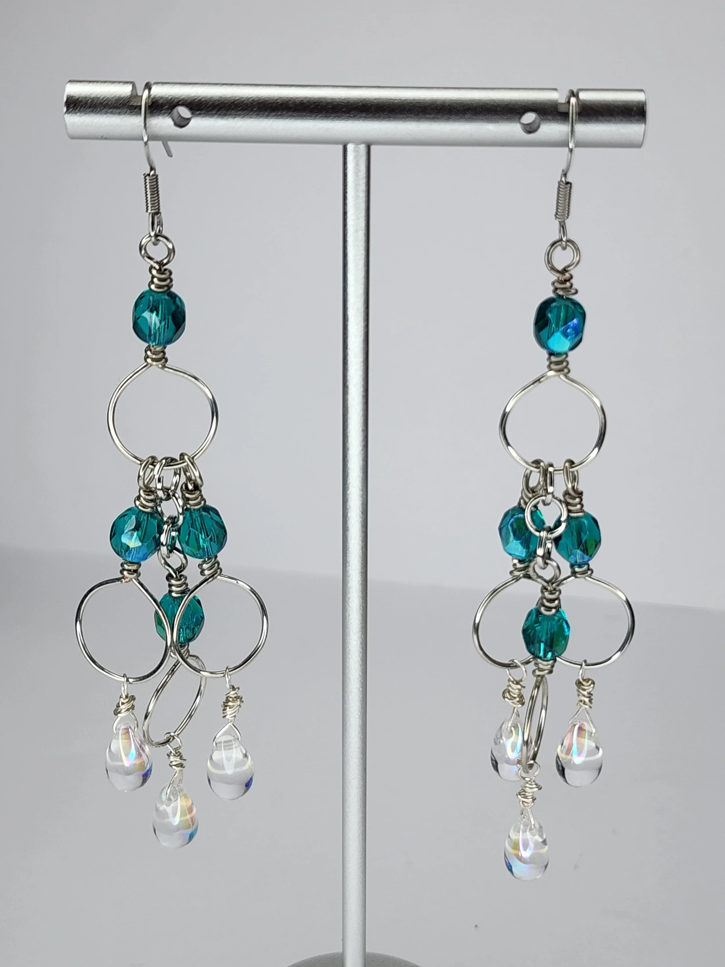 Wirewrapped Blue Czech Glass and AB Glass Bead Earrings