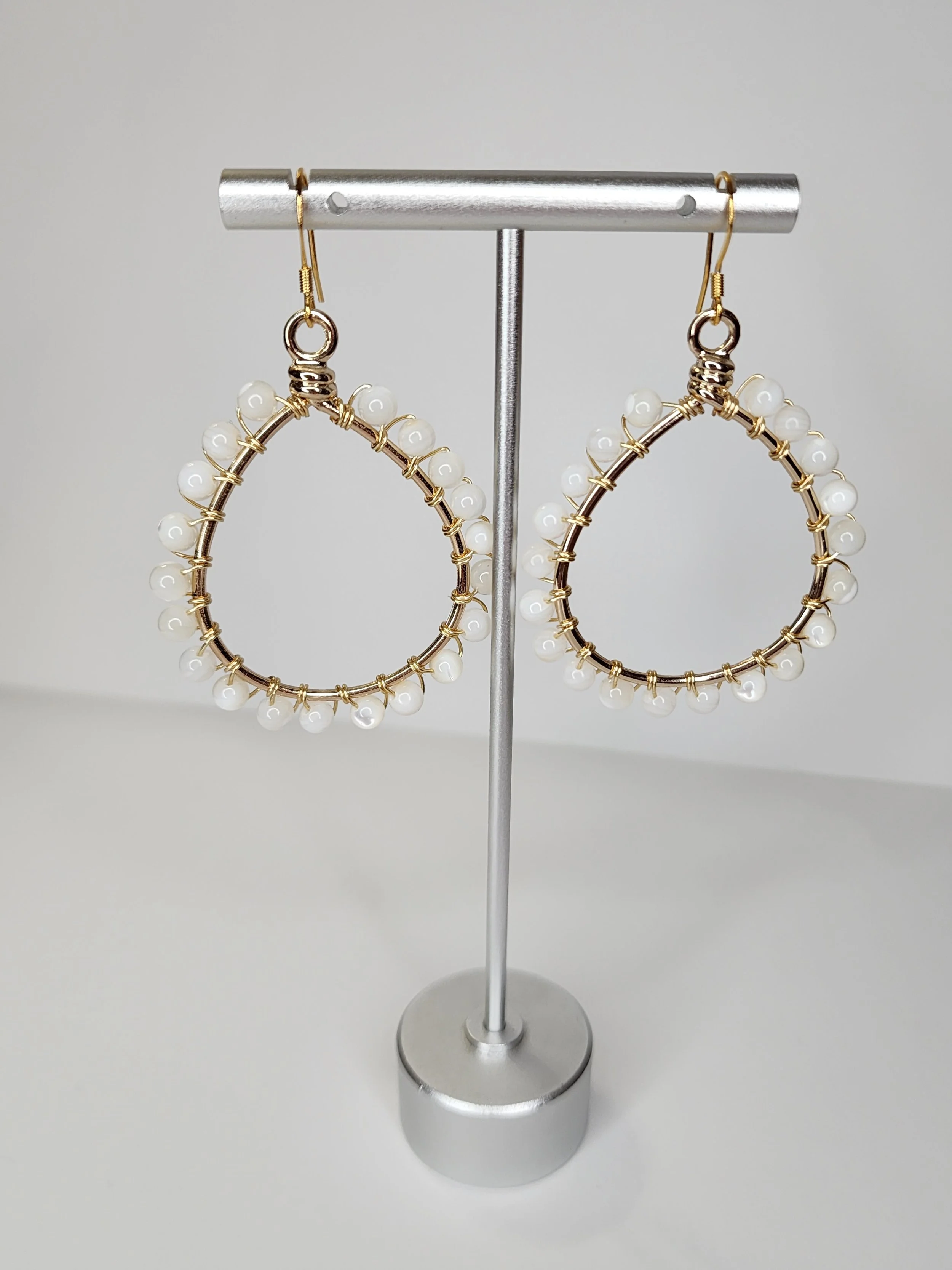 White Shell Beaded Earrings, Silver or Gold