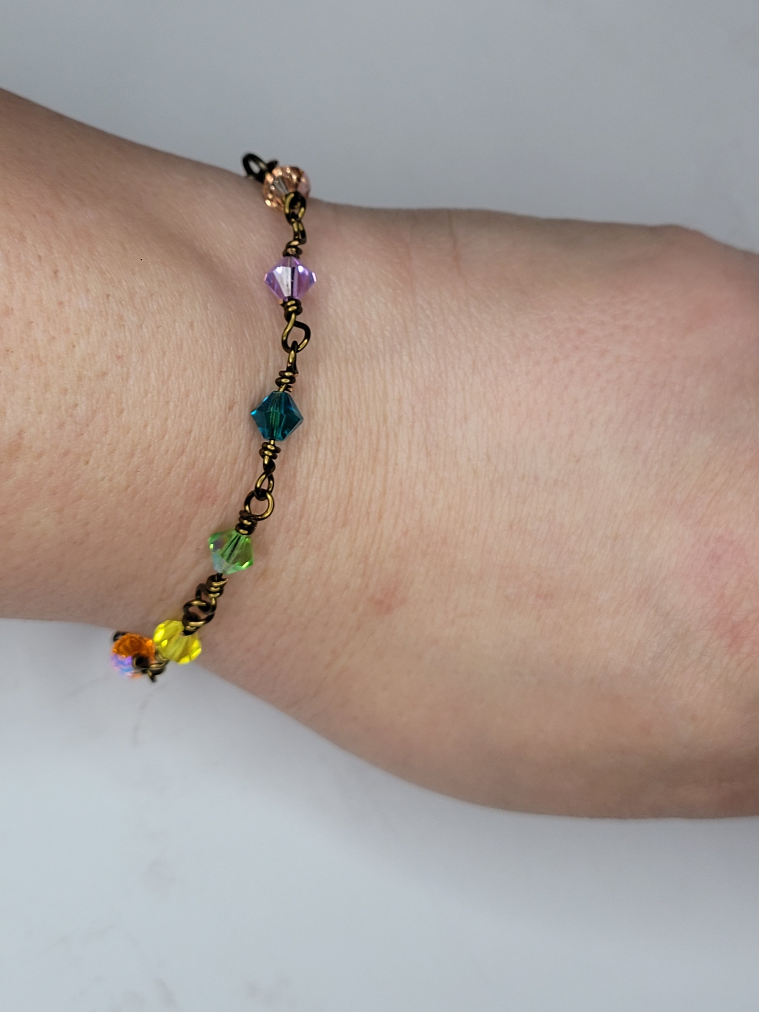 Rainbow Crystal Bracelet, Wirewrapped, Handmade Jewelry, Gifts for Her, Hearts, Bronze