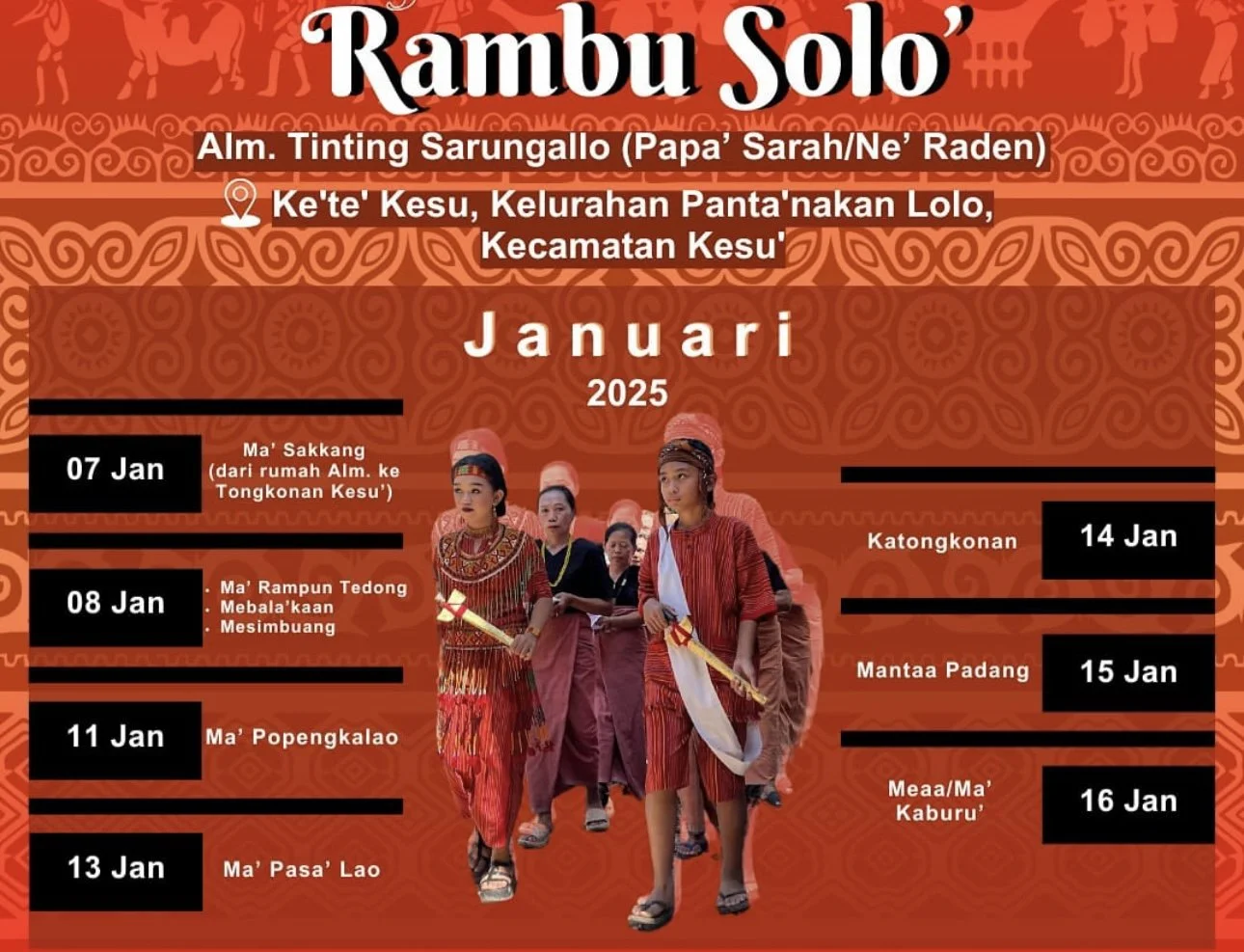 A calendar poster for a traditional cultural event called 'Rambu Solo' in January 2025 featuring people in traditional ethnic attire. The event includes multiple performances on dates from January 7th to January 16th, in various locations in Indonesia.