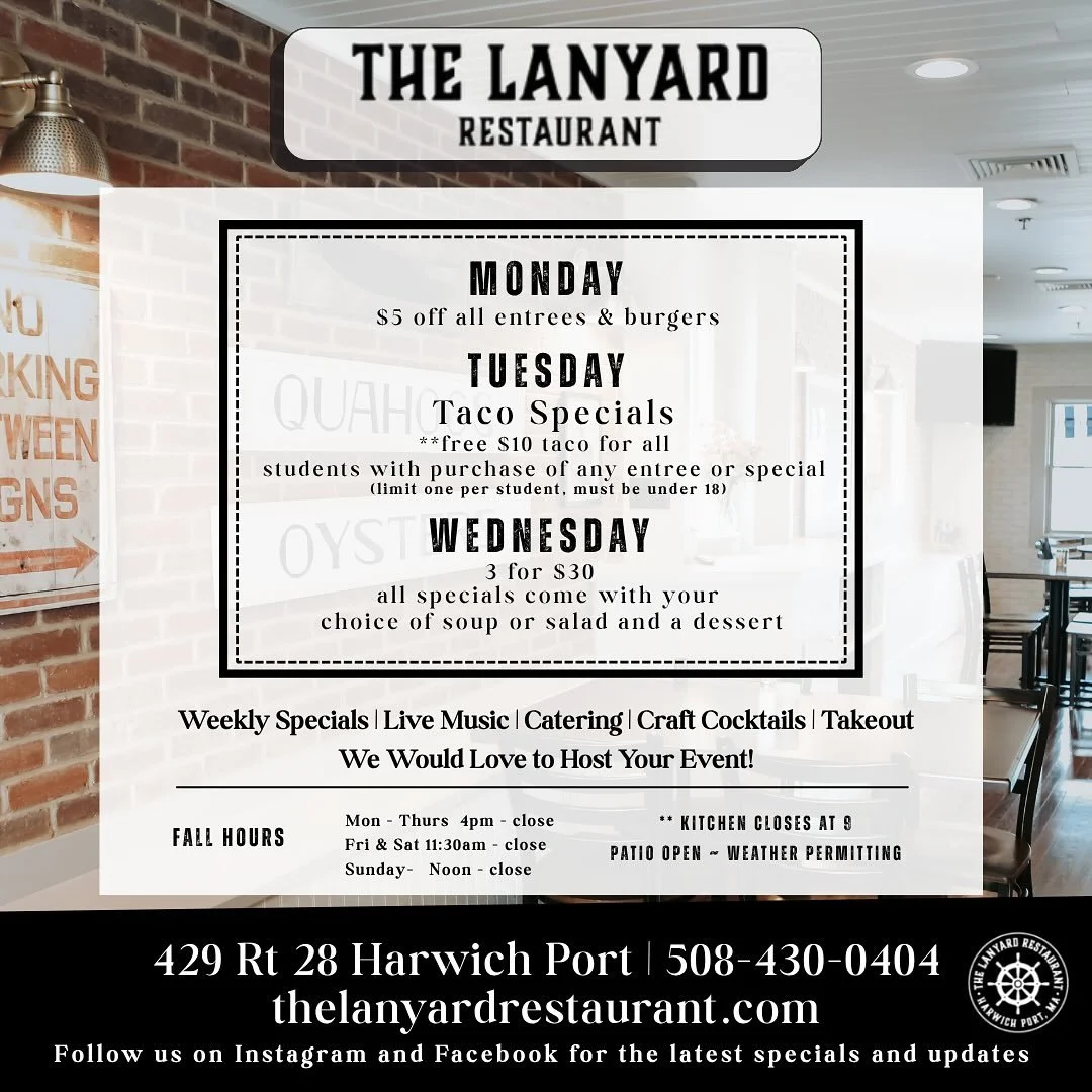 🎉 What&rsquo;s Happening Every Week at The Lanyard! 🍴

Monday:
👉 $5 OFF all Entr&eacute;es &amp; Burgers!

Tuesday:
🌮 Taco Tuesday Specials!
Bring your student and get a free taco dish (from our $10 menu) with the purchase of any entr&eacute;e or