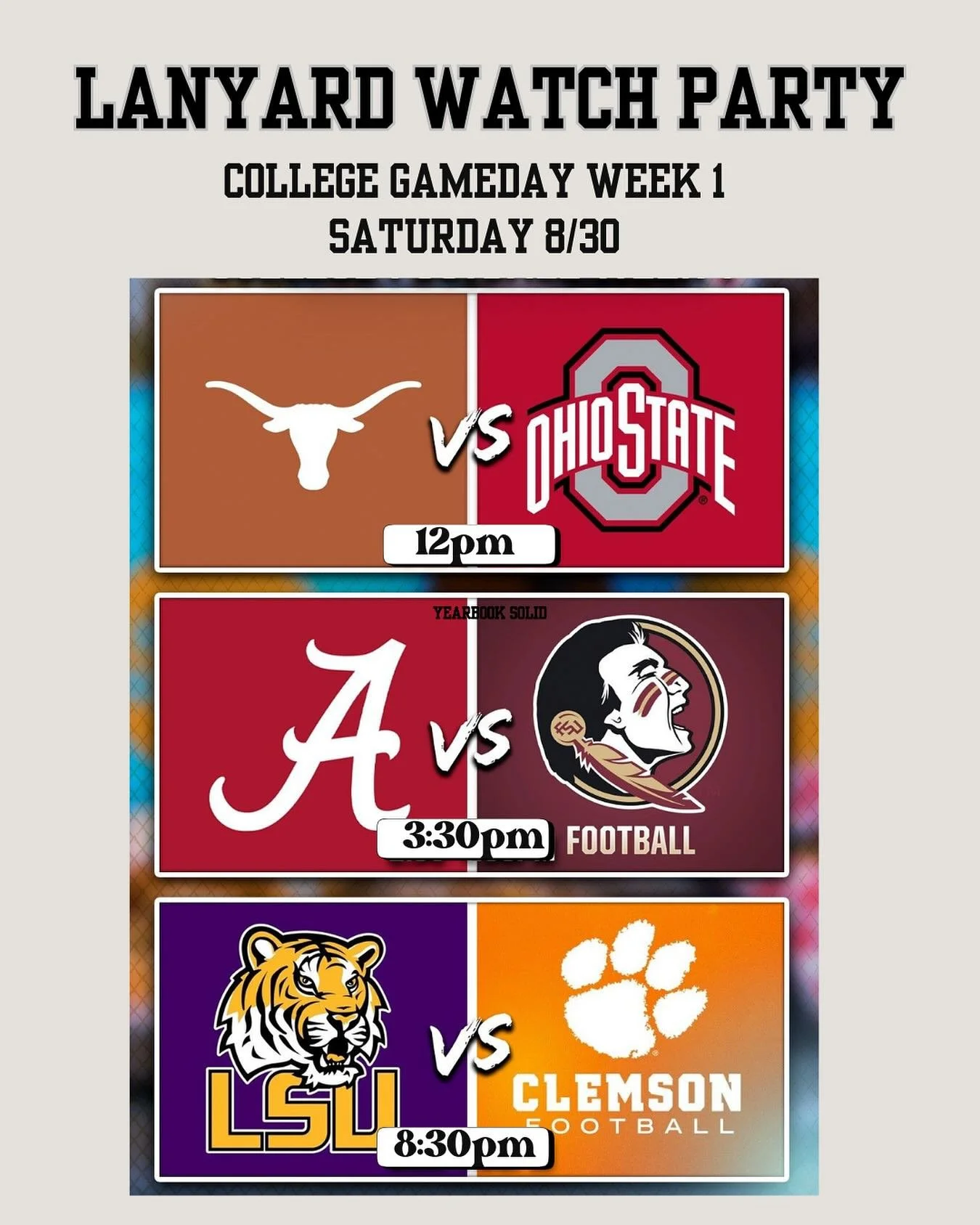 Gameday Week 1 Starts Today! 🏈 🏈 

College Football is BACK and there&rsquo;s no better place to watch than The Lanyard. We have TVs inside and outside so you won&rsquo;t miss a play. Join us today and every game day this season!

Who are you rooti