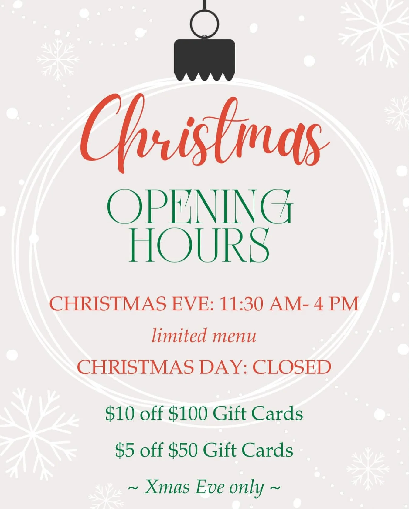 🎄 Christmas Eve Hours! 🎄

The bar will be open with a limited lunch menu.
Last minute shoppers, stop in and grab a discounted gift card!

Skye will be on the bar from 11:30 AM &ndash; 4:00 PM.

Christmas Eve only ~
$10 off $100 gift card
$5 off $50