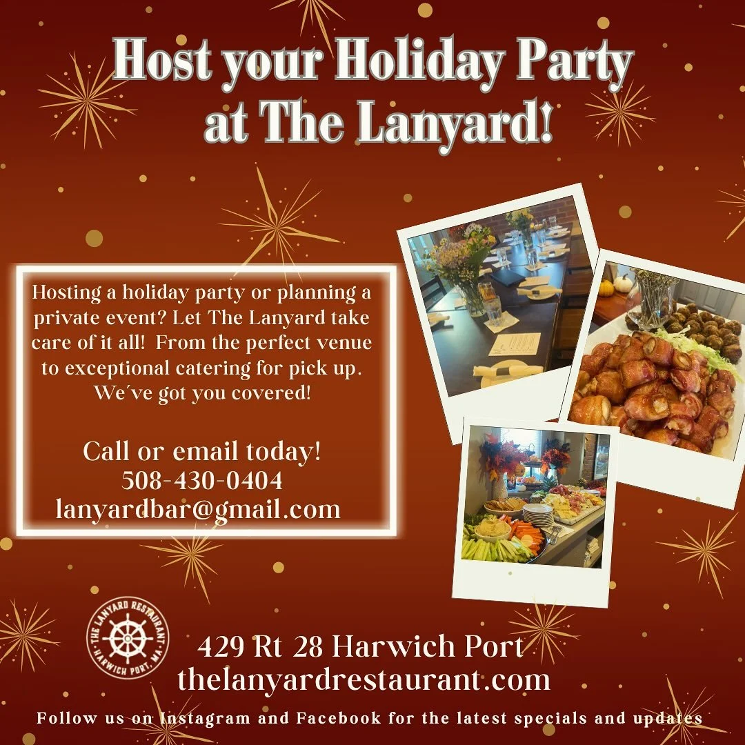 Holidays are around the corner! 🎊 

Gather your friends, family, or coworkers for a holiday party at The Lanyard Restaurant.  From cozy dinners to large celebrations, we&rsquo;ll make your event effortless and full of cheer. 🎉🎉

Prefer to celebrat