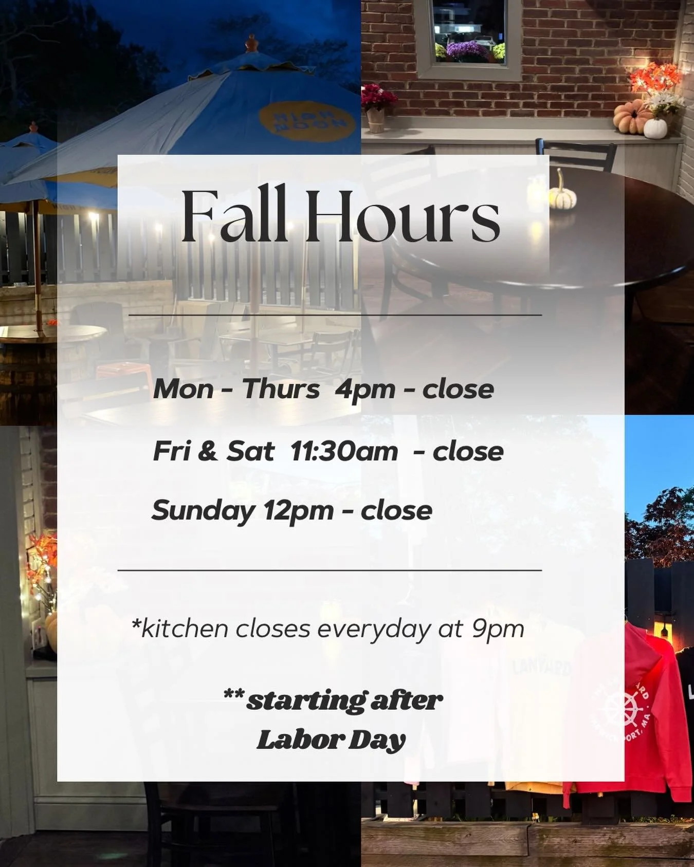 LABOR DAY HOURS - Mon 9/7 11:30am - close 🇺🇸
(kitchen closes at 9pm)

Come squeeze in a Labor Day Lunch with us before summer ends! 

Starting 9/8 we transition to fall hours 🍁🏈

Mon - Thurs &bull; 4PM&ndash;Close
Fri &amp; Sat &bull; 11:30AM&nda
