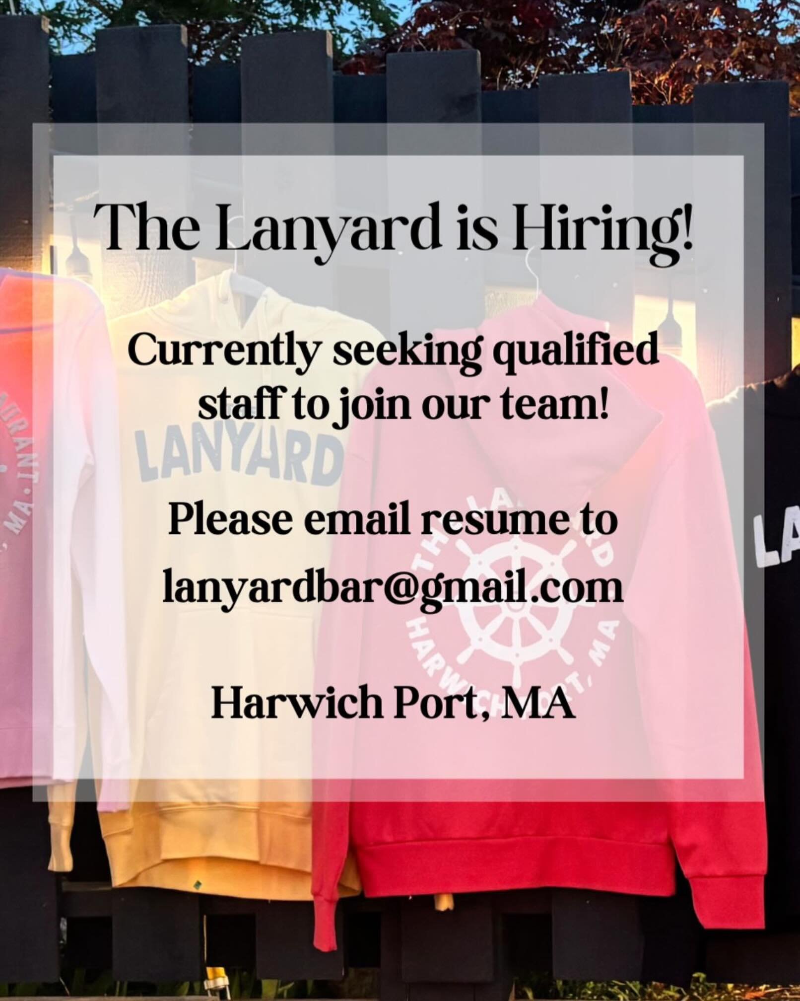 Join our team this fall! We&rsquo;re currently hiring servers for the 2026 fall season.

If you&rsquo;re friendly, dependable, and ready to be part of a great team, we&rsquo;d love to hear from you!

Interested? Send us your resume!

lanyardbar@gmail