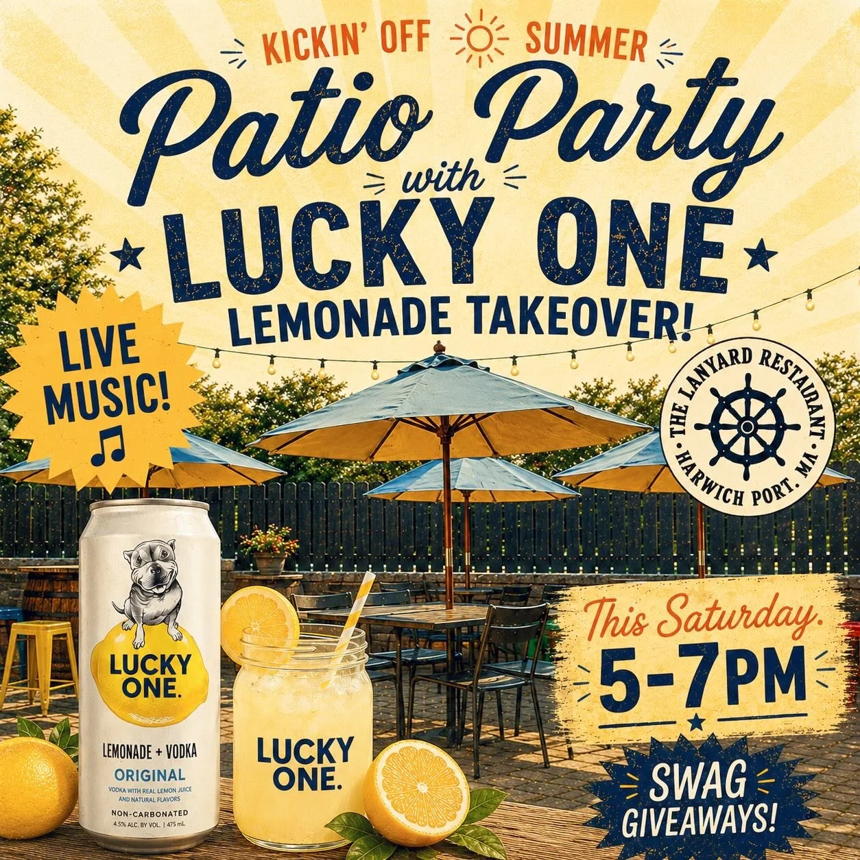 ☀️ KICKIN&rsquo; OFF SUMMER ☀️

Join us on the patio this Saturday from 5&ndash;7 PM for a Lucky One Lemonade Takeover at The Lanyard! 🍋

Live music by Chris Richardson!

Help us kick off patio season the right way!!!
@luckyonelemonade 

#TheLanyard