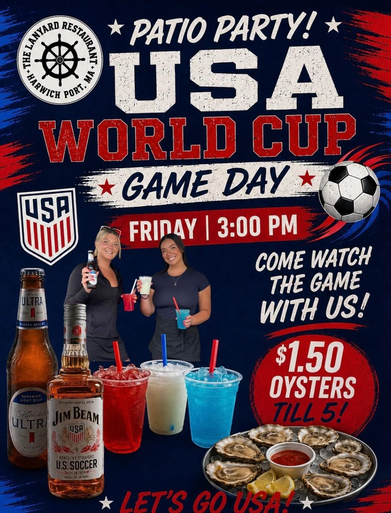 Join us Friday at 3:00 PM as Team USA takes the field! Grab a seat on the patio and cheer on the red, white, and blue with us!!! 🇺🇸⚽️

$1.50 Oysters Till 5 PM!!! 
 

#lanyardresturant
#capecod
#worldcup
#harwichport