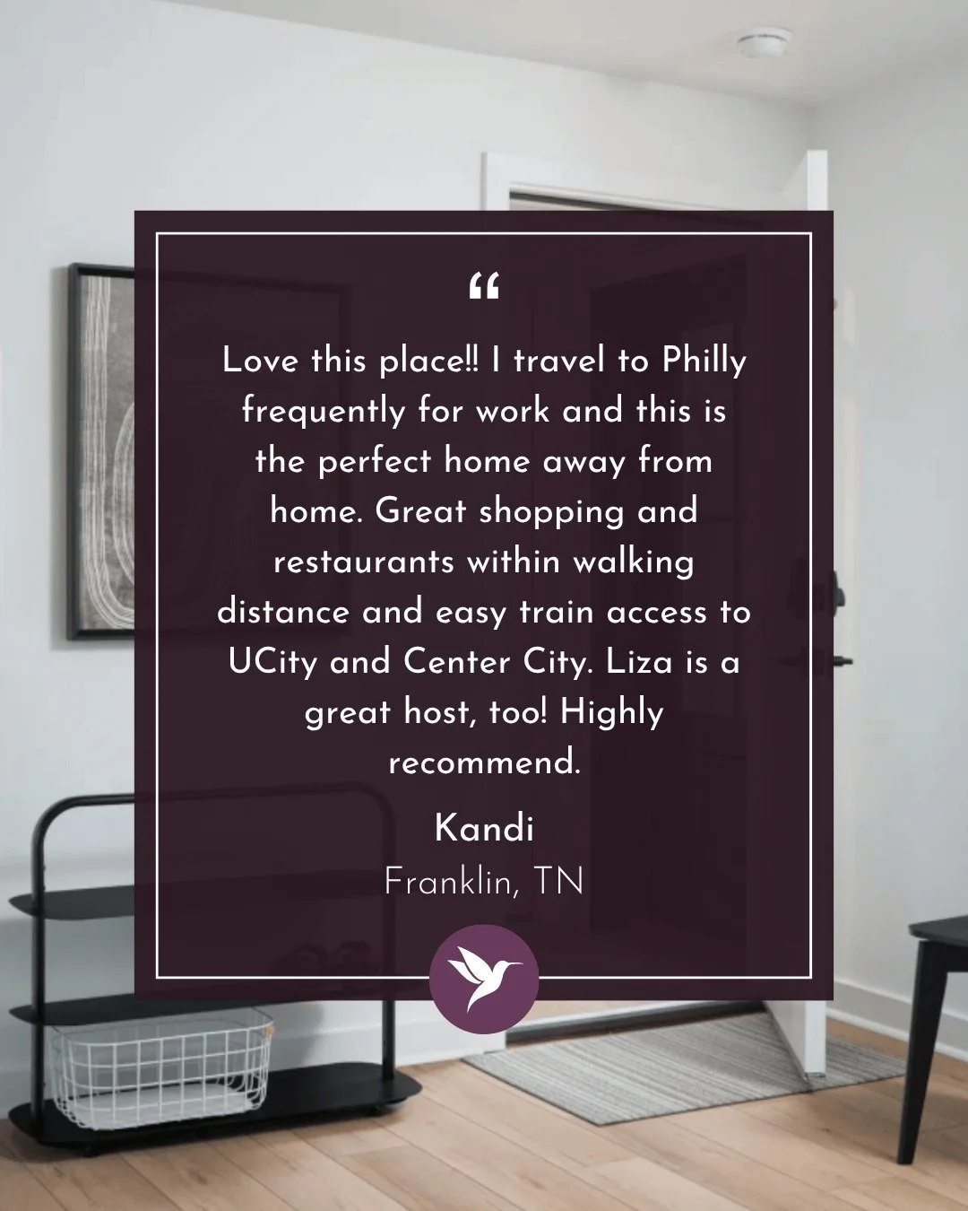 “Love this place!!” — we love hearing that!
Kandi, a frequent business traveler, found her "perfect home away from home" right here at Auberge Ardmore. From local restaurants and shops to easy train access to Philly, it&rs