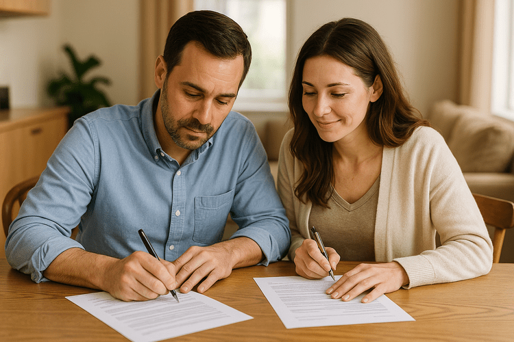 Couple signing estate-planning documents during a mobile notary appointment in Indianapolis.