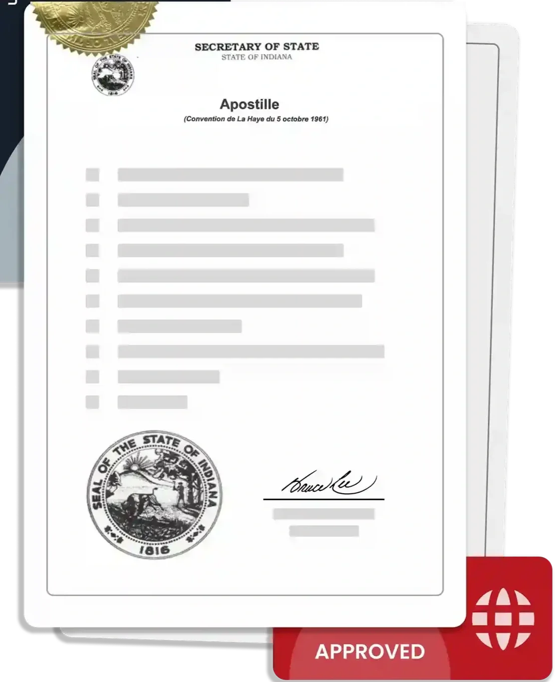 Completed Indiana apostille certificate for international document use