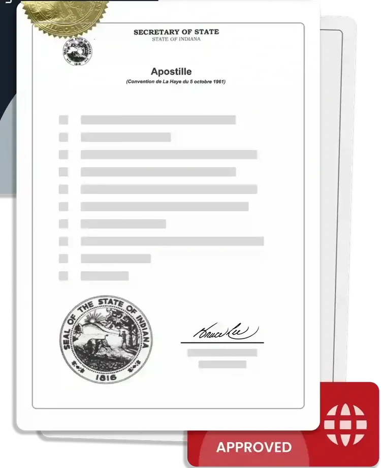 Completed Indiana apostille certificate processed for international document use.