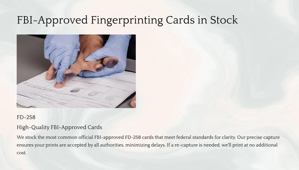 Technician rolling ink fingerprints onto an FBI FD-258 fingerprint card.
