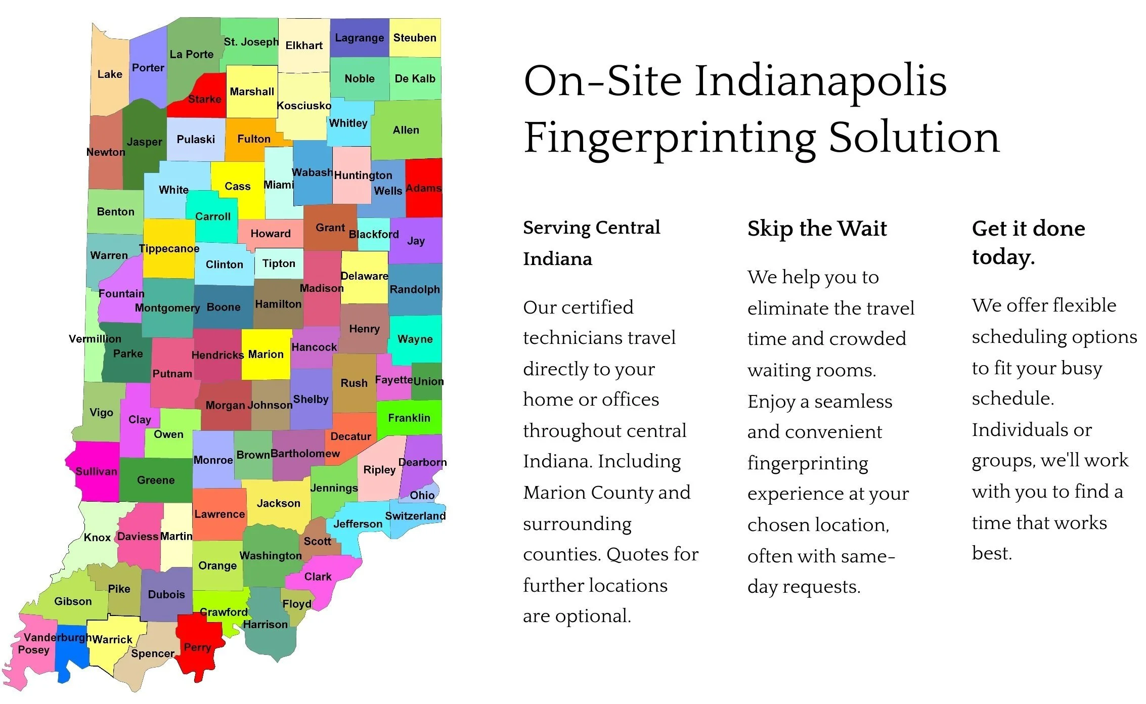 Map of Indiana counties next to text promoting Indianapolis fingerprinting services, highlighting convenience and flexible scheduling for people that want the convenience of having the ink fingerprint technician come to them.