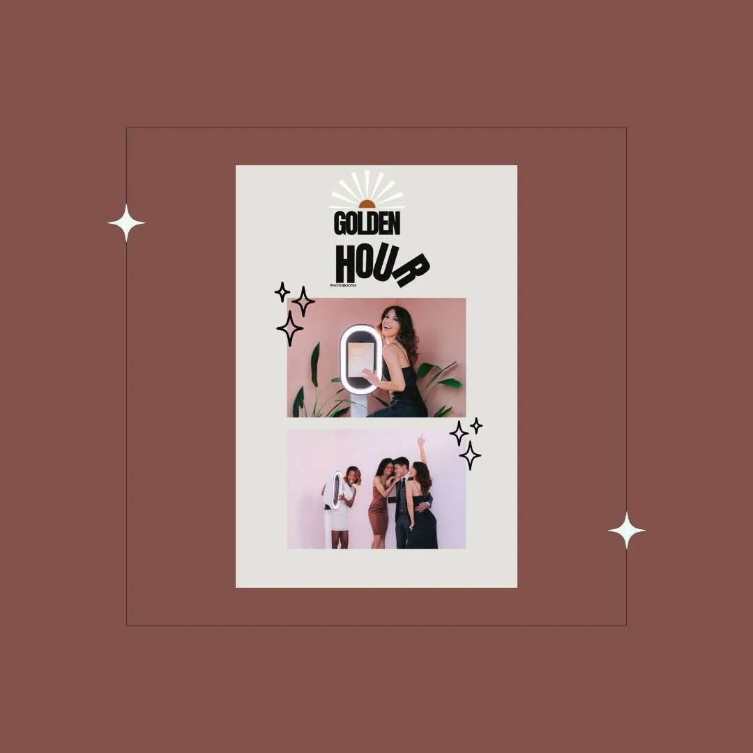 Photo booth collage with the words "Golden Hour" and images of women taking photos with a photo booth at a party or event.