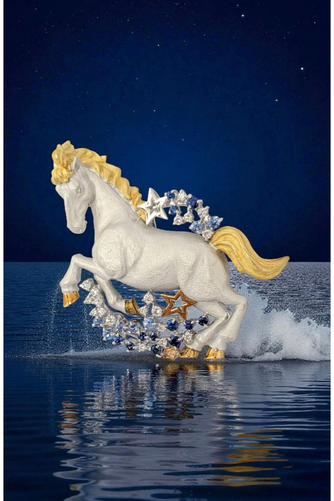 Horse brooch in 18K white and yellow gold, set with diamonds and sapphires