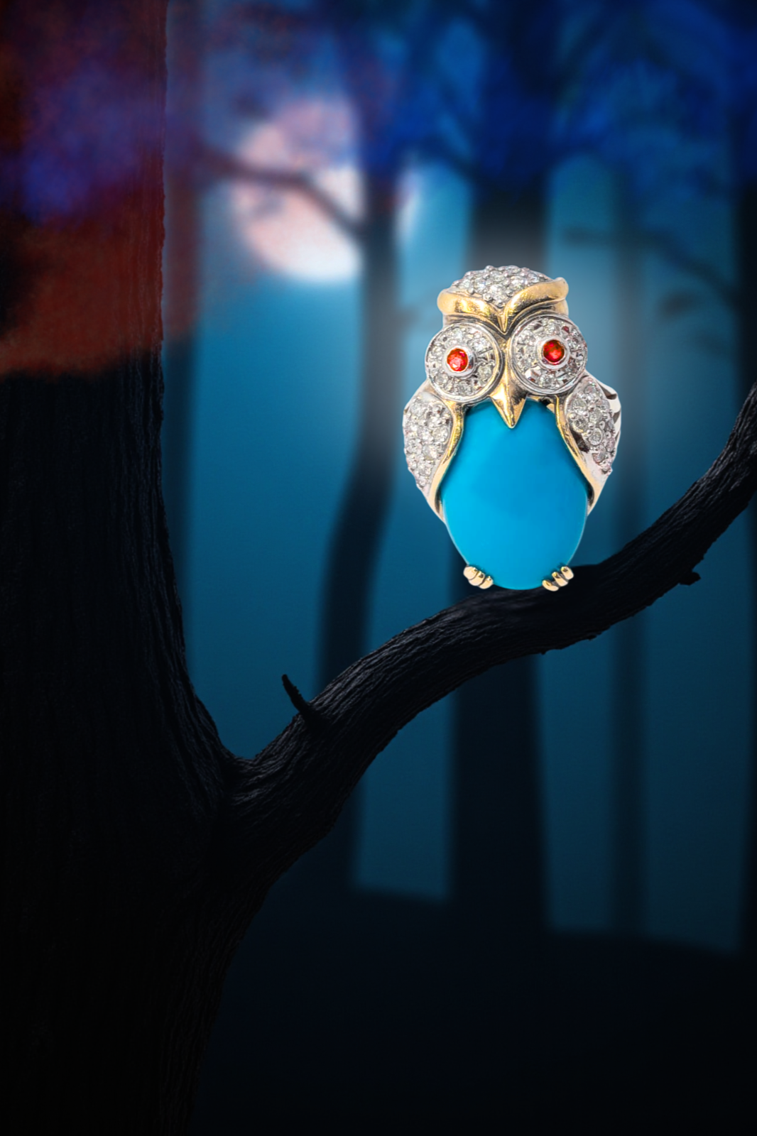 Owl brooch in 18K white and yellow gold, set with rubies, diamonds, and turquoise cabochon 
