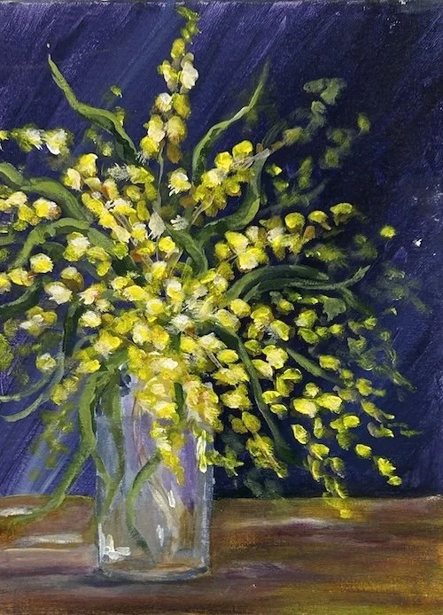 A painting of bright yellow Acacia blossom in a clear glass jar on a table against a dark purple background.