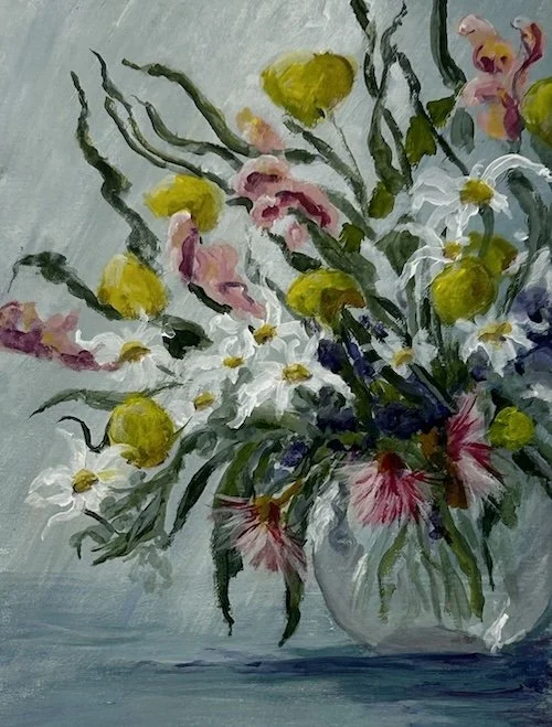A painting of a Flannel Flowers, Billys Buttons, Pink Kangaroo Paw and Eucalyptus in a glass vase, against a pale blue background.