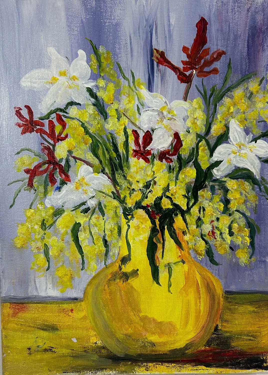 Expressionist still life with golden wattle and red kangaroo paws