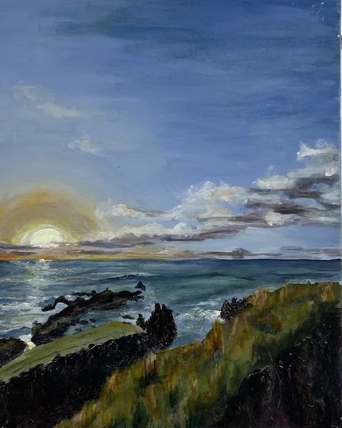 A painting of sunrise over the Boambee Headland rocky coastline with a grassy foreground and a partly cloudy sky.