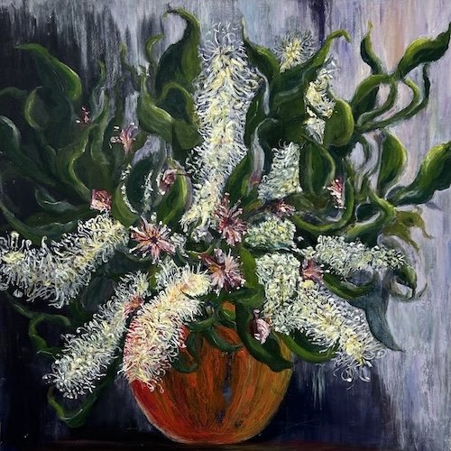 A painting of Ivory Curl flowers with pink Isopogon in a bright red vase on a dark surface against a purple background.