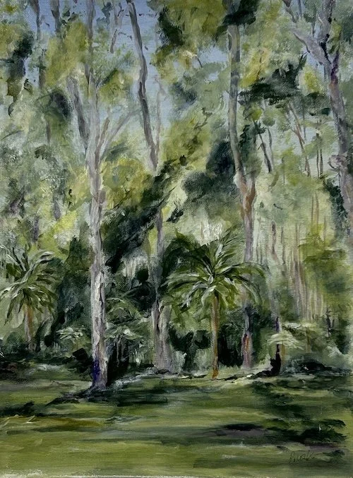 A painting of Eucalyptus forest in the Bongil Bongil National Park showing the tall trees and palms and ferns in the undergrowth.