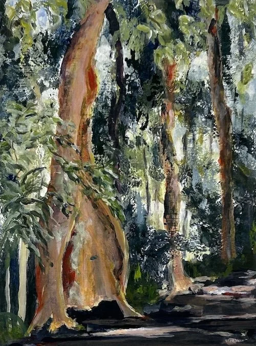 A rainforest painting highlighting the buttressed trunk of the Yellow Carabeen tree in Dorrigo National Park with surrounding forest and pathway.