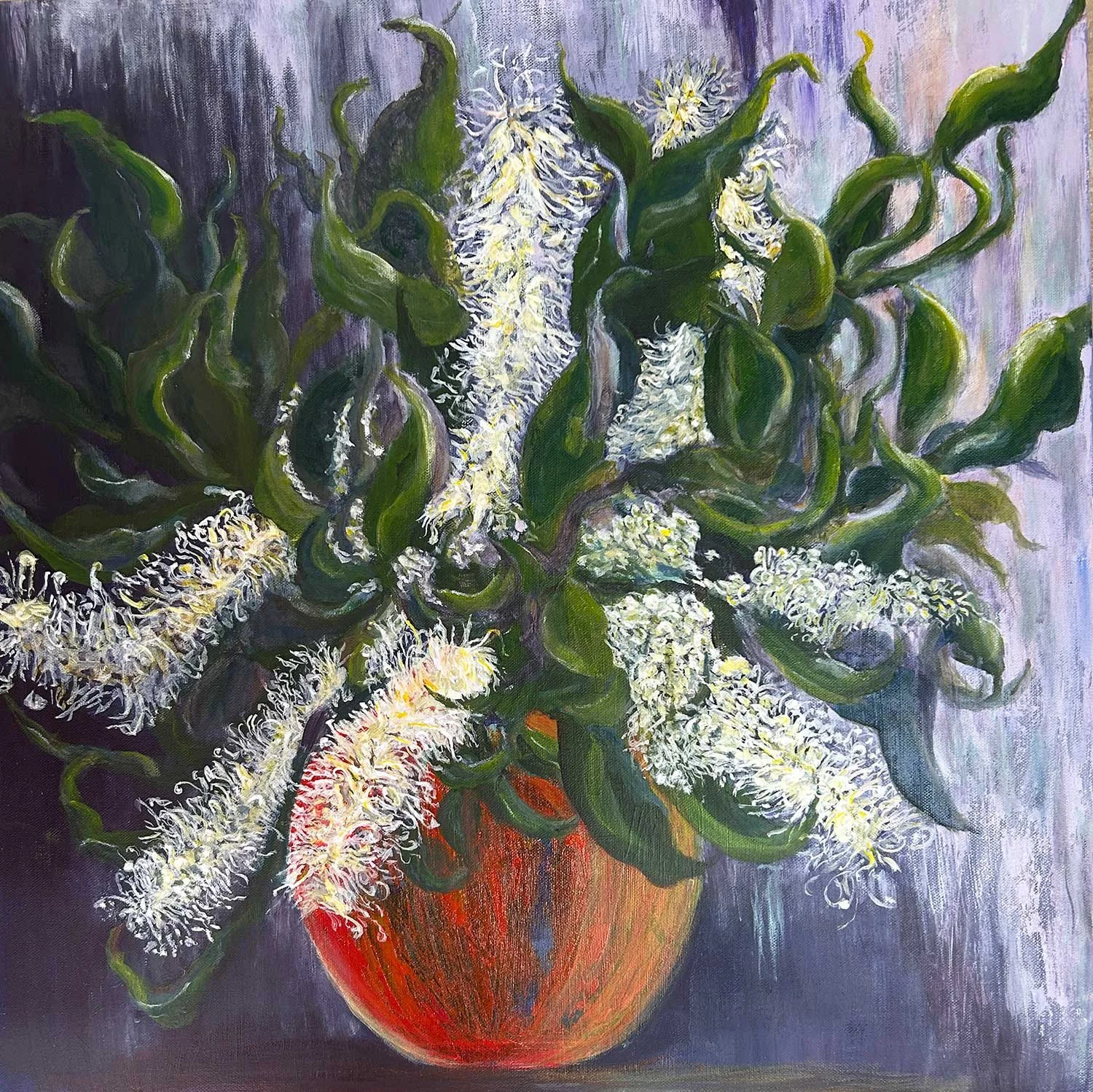 A painting of Ivory Curl flowers in a bright red vase on a dark surface against a purple background.