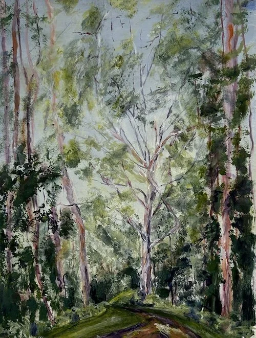 A painting of a Bongil Bongil eucalypt forest showing an Angophora queen tree with twisted limbs and a dirt track leading to the picnic area