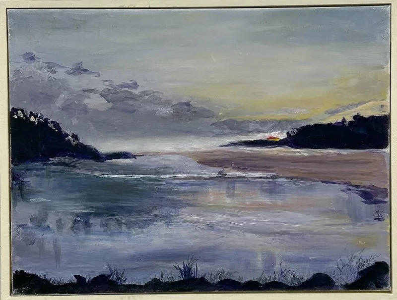 A painting of a serene Sawtell Creek landscape at sunset, with dark trees on the left and right, calm water reflecting the sky, and a soft yellowish glow on the horizon.