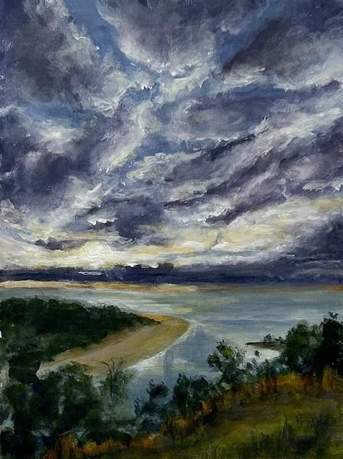 A landscape painting of Boambee Headland looking north over Coffs Creek, under dark, cloudy skies at dawn.