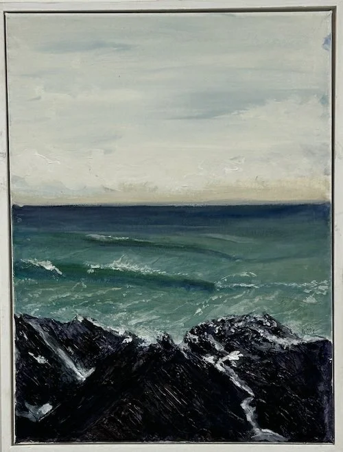 A painting of the Trapdoor Break seascape loved by surfers with a cloudy sky, ocean waves, and the dark rocks in the foreground.
