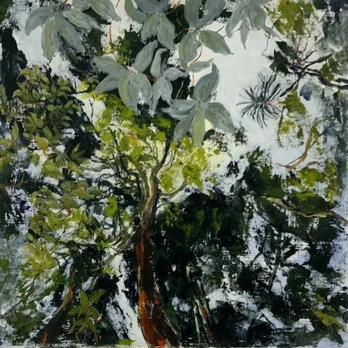 A painting looking up through the rainforest canopy with green and gray foliage against a light sky.