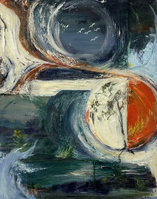 Abstract painting depicting swirling shapes and colors, suggesting moons, portals and other worlds.