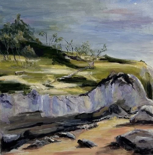 Abstract painting of a Boambee Headland steps up the rocky coastline over grass, to the trees, and a cloudy sky.