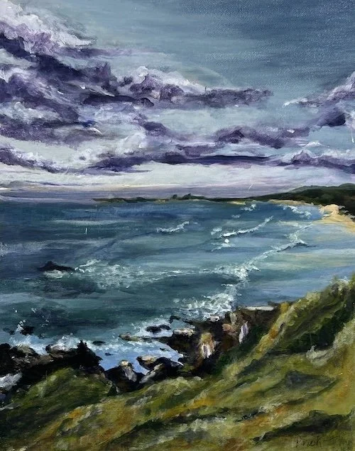 A painting of the Boambee Headland coast with ocean waves crashing against rocky shore overlooking Sawtell Beach and the island under a cloudy sky.