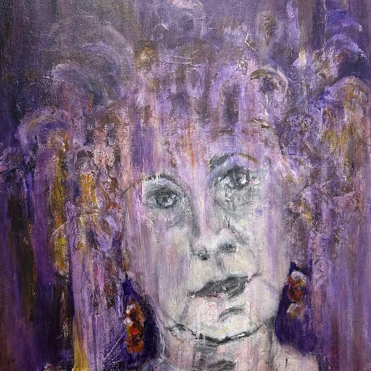 Abstract mixed media, self portrait of a woman's face with purple hair and earrings.