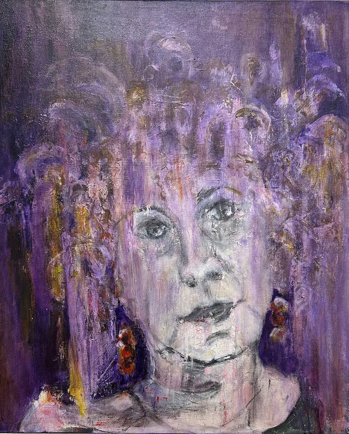 Abstract portrait of a woman's face with purple and dark tones, featuring expressive eyes and earrings.