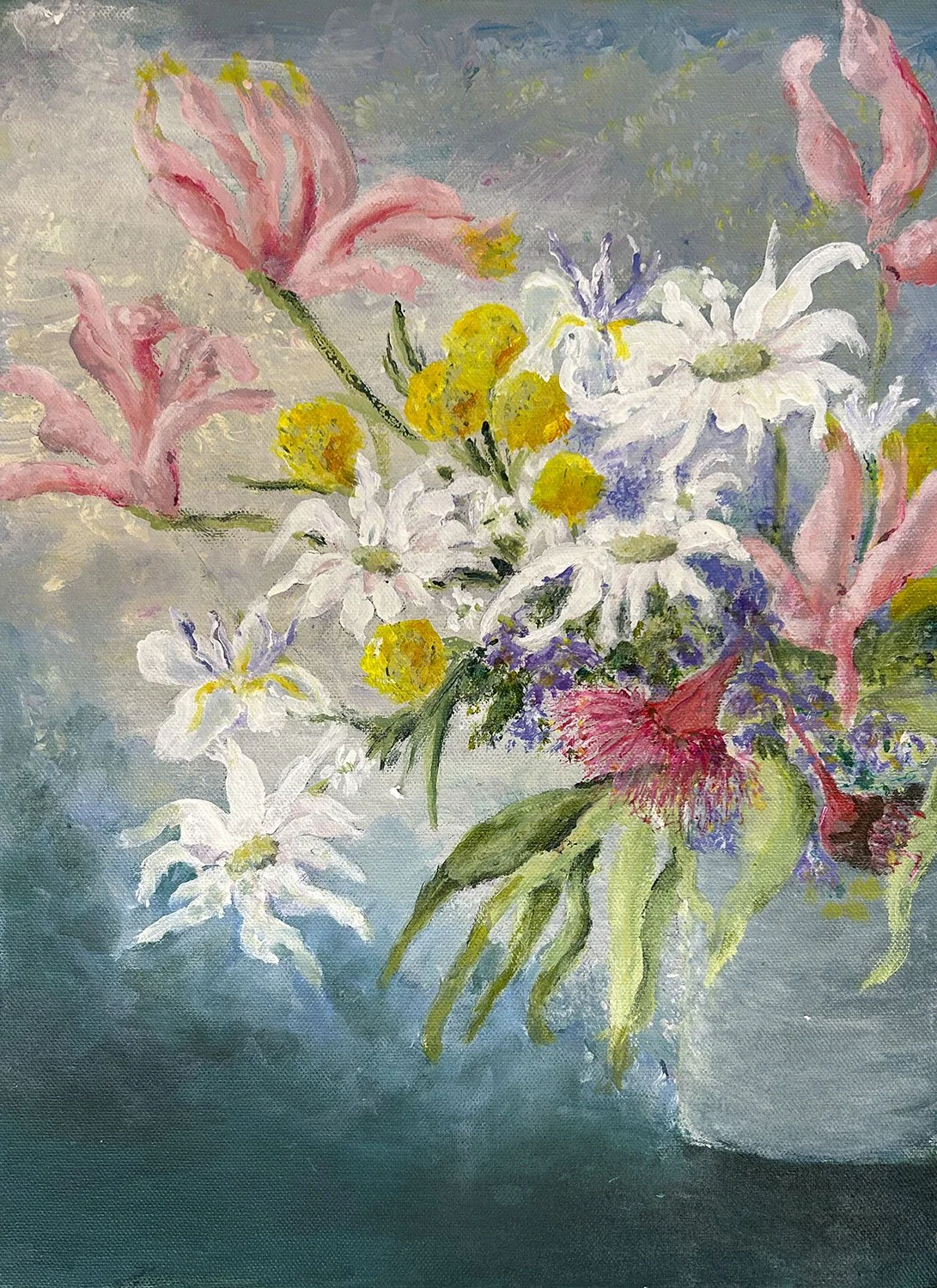 Expressionist still life with a tin of flannel flower, billy’s buttons and pink kangaroo paws and eucalyptus blossom