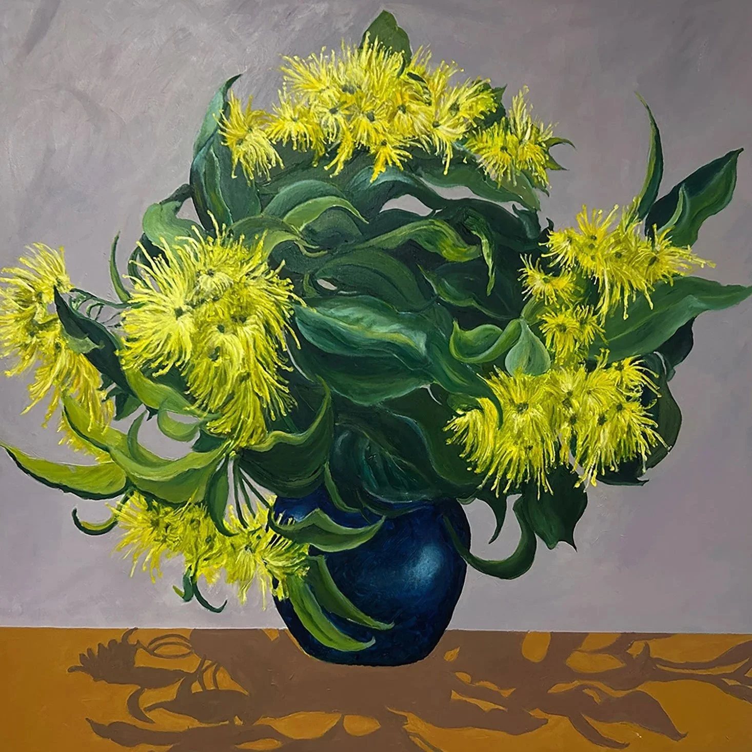 Painting of a yellow flower bouquet in a dark blue vase on a table with a yellow tablecloth.