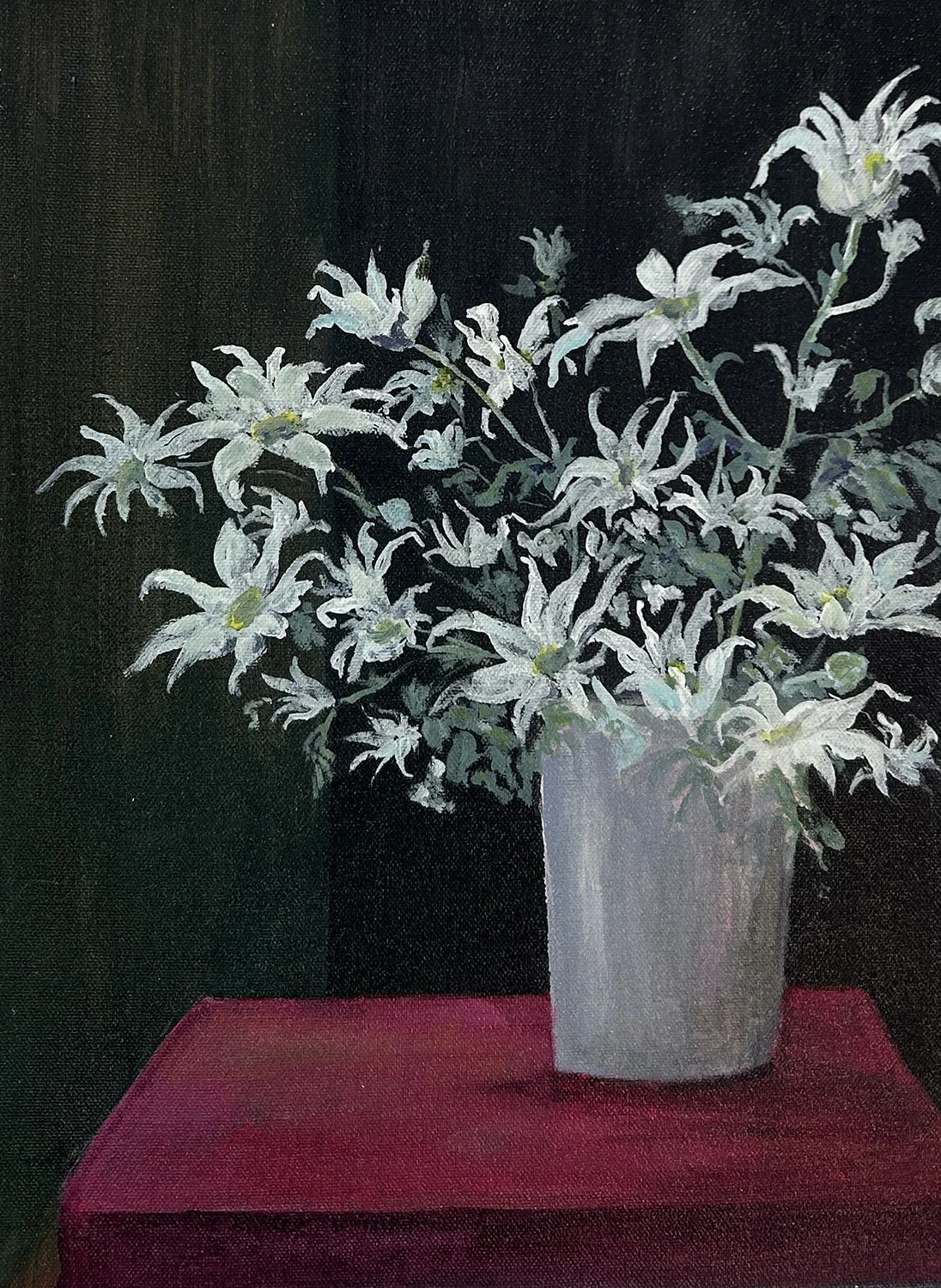A painting of Flannel Flowers in a white vase on a red table against a dark background.