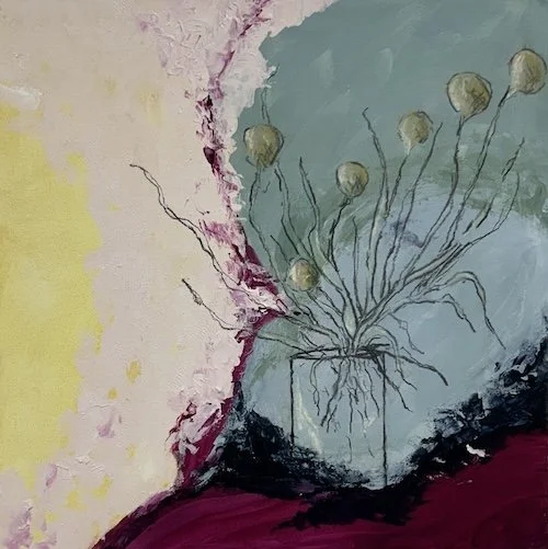 Abstract mixed media painting Billy Buttons in a pot, with a colourful background in shades of yellow, pink, blue, and black.