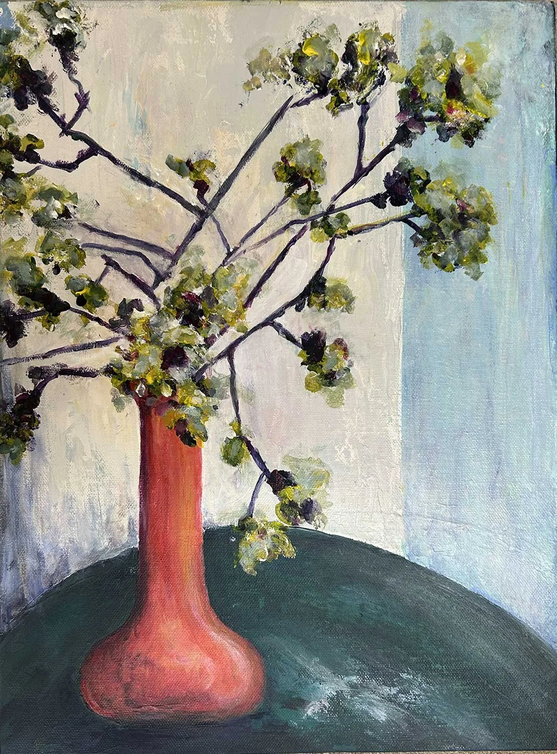 Expressionist still life of orange flask with black kangaroo paw blossom