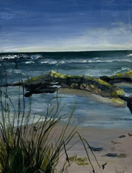 Painting of the rocks at the bottom of the steps on Murrays Beach scene with ocean waves and a grassy foreground