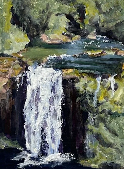 Painting of a Dangar Waterfall just outside Dorrigo flowing into Bielsdown River surrounded by lush green trees and rocks.
