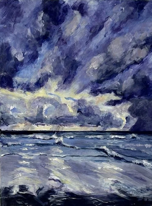 A painting of a calm morning seascape with the early sun glinting through dark, turbulent clouds over Murrays Beach