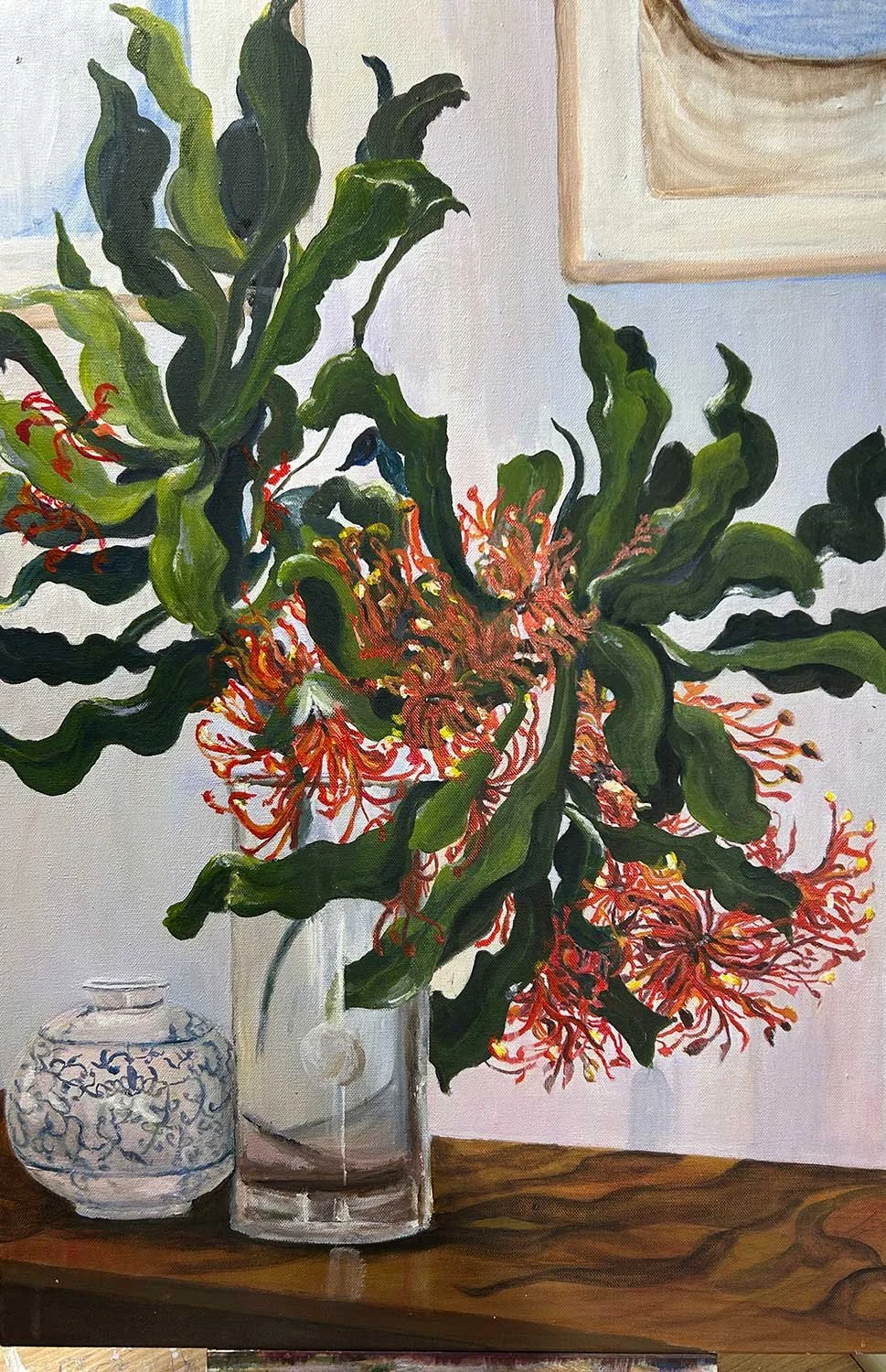 Floral still life with Firewheel Tree blossom and glass jug