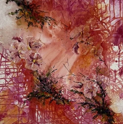 Abstract painting with pink, orange, and purple tones featuring roses over lattice.